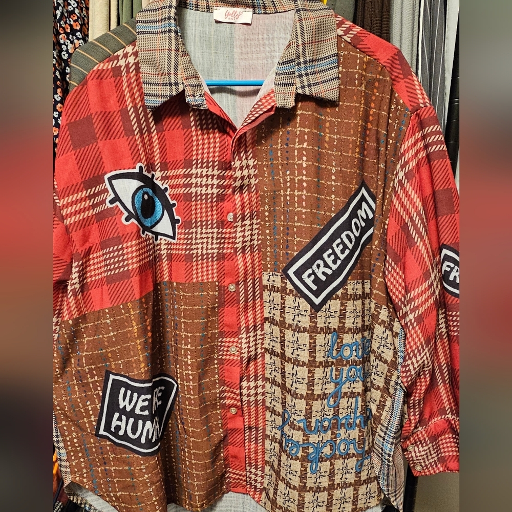 Patchwork Plaid Button-Down Shirt in Red and Brow… - image 1